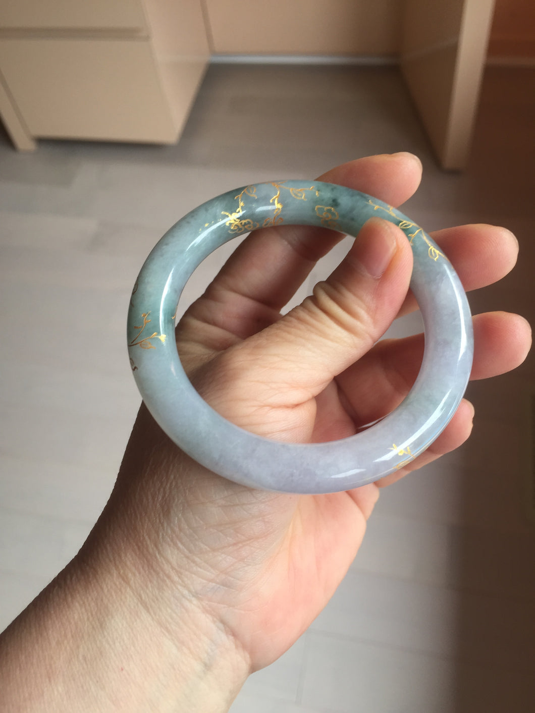 55.8mm 100% Natural type A dark green purple carved and golden-painted chubby round cut Jadeite Jade bangle PA113-0385