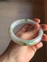 Load image into Gallery viewer, 58mm 100% Natural type A sunny green purple carved bamboo leaf and golden-painted Jadeite Jade bangle PE34
