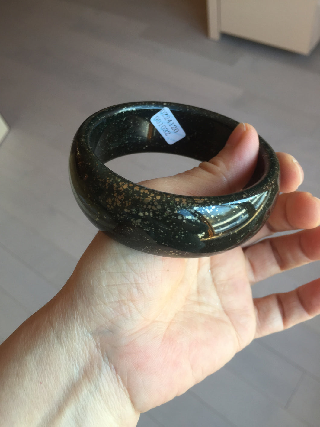 61mm 100% Natural dark green/black meteorite Stellar Night sky broad style nephrite Jade bangle HF92-1032