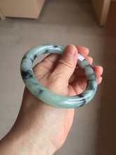 Load image into Gallery viewer, 58.3mm Certified Type A 100% Natural light green with flying dark green flowers chubby round cut Jadeite bangle PE20-5954
