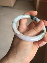 Load image into Gallery viewer, 56mm 100% Natural type A sunny green dark green purple white carved flowers and golden-painted round cut Jadeite Jade bangle PJ63
