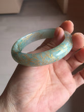 Load image into Gallery viewer, 51.5mm 100% Natural type A sunny green white carved flowers(繁花似锦) golden-painted Jadeite Jade bangle PF15
