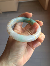Load image into Gallery viewer, 53.2mm 100% Natural type A sunny green purple carved flowers golden-painted Jadeite Jade bangle PE42
