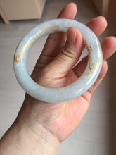 Load image into Gallery viewer, 56.5mm 100% Natural type A icy watery green/blue carved and golden-painted chubby round cut Jadeite Jade bangle PC75
