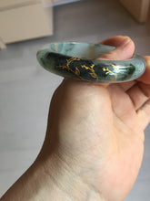 Load image into Gallery viewer, 54mm 100% Natural type A icy watery dark green with floating flowers and carved and golden-painted Jadeite Jade bangle PA172-8572
