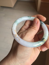 Load image into Gallery viewer, 56mm 100% Natural type A sunny green dark green purple white carved flowers and golden-painted round cut Jadeite Jade bangle PJ63
