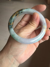 Load image into Gallery viewer, 53.6mm 100% Natural type A dark green purple white carved plum bossom and golden-painted Jadeite Jade bangle PD91-0269
