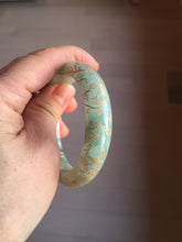 Load image into Gallery viewer, 51.5mm 100% Natural type A sunny green white carved flowers(繁花似锦) golden-painted Jadeite Jade bangle PF15
