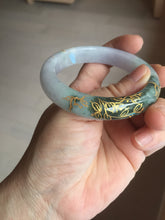 Load image into Gallery viewer, 53.6mm 100% Natural type A dark green purple white carved plum bossom and golden-painted Jadeite Jade bangle PD91-0269
