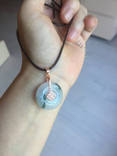 Load image into Gallery viewer, 23.8mm Type A 100% Natural icy watery white with green floating flowers Jadeite Safety Guardian Button donuts pendant BP186
