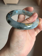 Load image into Gallery viewer, 54mm 100% Natural type A icy watery dark green with floating flowers and carved and golden-painted Jadeite Jade bangle PA172-8572
