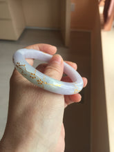 Load image into Gallery viewer, 55.8mm 100% Natural type A light green purple white carved plum blossom and golden-painted Jadeite Jade bangle PE35
