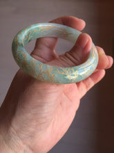 Load image into Gallery viewer, 51.5mm 100% Natural type A sunny green white carved flowers(繁花似锦) golden-painted Jadeite Jade bangle PF15
