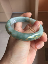 Load image into Gallery viewer, 57.3mm 100% Natural type A greenwatermelon rind  (瓜油青) carved flowers and golden-painted Jadeite Jade bangle PB287-2124
