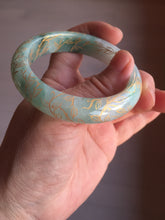 Load image into Gallery viewer, 51.5mm 100% Natural type A sunny green white carved flowers(繁花似锦) golden-painted Jadeite Jade bangle PF15
