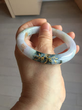 Load image into Gallery viewer, 58mm certified 100% Natural type A sunny green dark green purple carved branches and flowers and golden-painted Jadeite Jade bangle PH185-5926
