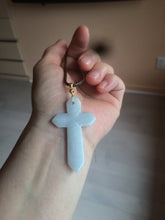Load image into Gallery viewer, 100% Natural type A light green/white/gray jadeite Jade Hand-held cross or cross pendant AY55
