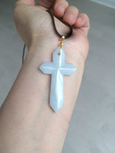 Load image into Gallery viewer, 100% Natural type A light green/white/gray jadeite Jade Hand-held cross or cross pendant AY55
