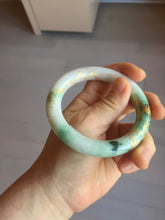 Load image into Gallery viewer, 55.5mm certified 100% natural Type A sunny green purple white carved and golden-painted chubby round cut jadeite jade bangle BH137-4720
