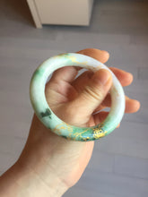 Load image into Gallery viewer, 55.5mm certified 100% natural Type A sunny green purple white carved and golden-painted chubby round cut jadeite jade bangle BH137-4720
