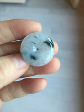 Load image into Gallery viewer, 23.8mm Type A 100% Natural icy watery white with green floating flowers Jadeite Safety Guardian Button donuts pendant BP186
