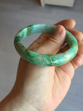 Load image into Gallery viewer, 54.8mm certified 100% natural Type A sunny green carved and golden-painted jadeite jade bangle BH134-4662
