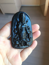 Load image into Gallery viewer, 100% Natural dark green/black jadeite jade(Mocui, 墨翠) GuanYin(观音) with Lotus &amp; Vase Carving Pendant/handhold stone PC142
