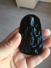 Load image into Gallery viewer, 100% Natural dark green/black jadeite jade(Mocui, 墨翠) GuanYin(观音) with Lotus &amp; Vase Carving Pendant/handhold stone PC142
