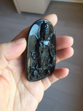 Load image into Gallery viewer, 100% Natural dark green/black jadeite jade(Mocui, 墨翠) GuanYin(观音) with Lotus &amp; Vase Carving Pendant/handhold stone PC142
