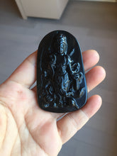 Load image into Gallery viewer, 100% Natural dark green/black jadeite jade(Mocui, 墨翠) GuanYin(观音) with Lotus &amp; Vase Carving Pendant/handhold stone PC142
