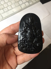 Load image into Gallery viewer, 100% Natural dark green/black jadeite jade(Mocui, 墨翠) GuanYin(观音) with Lotus &amp; Vase Carving Pendant/handhold stone PC142
