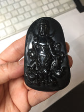 Load image into Gallery viewer, 100% Natural dark green/black jadeite jade(Mocui, 墨翠) GuanYin(观音) with Lotus &amp; Vase Carving Pendant/handhold stone PC142
