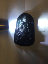 Load image into Gallery viewer, 100% Natural dark green/black jadeite jade(Mocui, 墨翠) GuanYin(观音) with Lotus &amp; Vase Carving Pendant/handhold stone PC142
