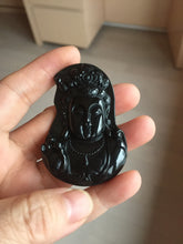 Load image into Gallery viewer, 100% Natural dark green/black jadeite jade(Mocui, 墨翠) GuanYin(观音) Pendant/handhold worry stone BL130

