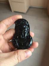 Load image into Gallery viewer, 100% Natural dark green/black jadeite jade(Mocui, 墨翠) GuanYin(观音) Pendant/handhold worry stone BL130
