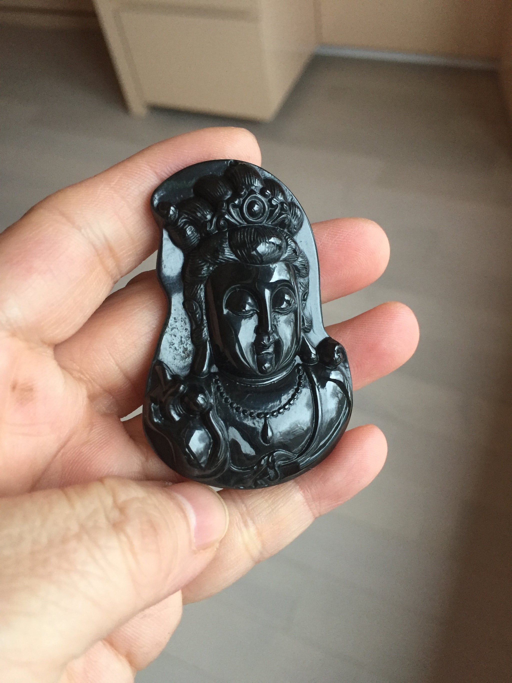100% Natural dark green/black jadeite jade(Mocui, 墨翠) GuanYin
