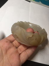 Load image into Gallery viewer, 54mm 100% natural light yellow/beige/gray 3D carved lotus and kissing love birds Quartzite (Shetaicui jade) jade bangle SY69
