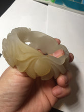 Load image into Gallery viewer, 54mm 100% natural light yellow/beige/gray 3D carved lotus and kissing love birds Quartzite (Shetaicui jade) jade bangle SY69
