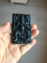 Load image into Gallery viewer, 100% Natural type A dark green black jadeite jade(墨翠, mocui) God of wealth General Guan (武财神关公) pendant pendant/worry stone AA64

