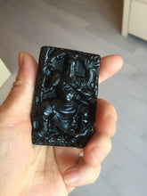 Load image into Gallery viewer, 100% Natural type A dark green black jadeite jade(墨翠, mocui) God of wealth General Guan (武财神关公) pendant pendant/worry stone AA64
