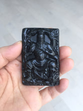 Load image into Gallery viewer, 100% Natural type A dark green black jadeite jade(墨翠, mocui) God of wealth General Guan (武财神关公) pendant pendant/worry stone AA64
