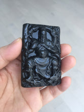 Load image into Gallery viewer, 100% Natural type A dark green black jadeite jade(墨翠, mocui) God of wealth General Guan (武财神关公) pendant pendant/worry stone AA64
