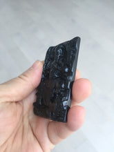 Load image into Gallery viewer, 100% Natural type A dark green black jadeite jade(墨翠, mocui) God of wealth General Guan (武财神关公) pendant pendant/worry stone AA64
