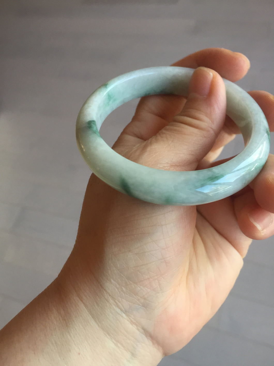 54.6mm Certified Type A 100% Natural white/light green with grenn floating flowers Jadeite Jade bangle E154-2437