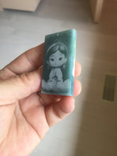 Load image into Gallery viewer, 100% Natural type A green/blue/gray Guatemala jadeite shadow carving little girl safe and sound pendant necklace/worry stone PC121
