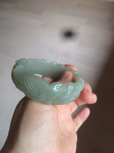 Load image into Gallery viewer, 53mm 100% natural light green/gray Quartzite (Shetaicui jade) 3D carved Magpie and Peony bangle XY62
