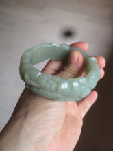 Load image into Gallery viewer, 53mm 100% natural light green/gray Quartzite (Shetaicui jade) 3D carved Magpie and Peony bangle XY62
