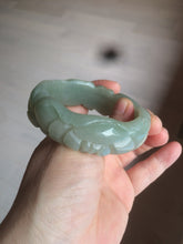 Load image into Gallery viewer, 53mm 100% natural light green/gray Quartzite (Shetaicui jade) 3D carved Magpie and Peony bangle XY62
