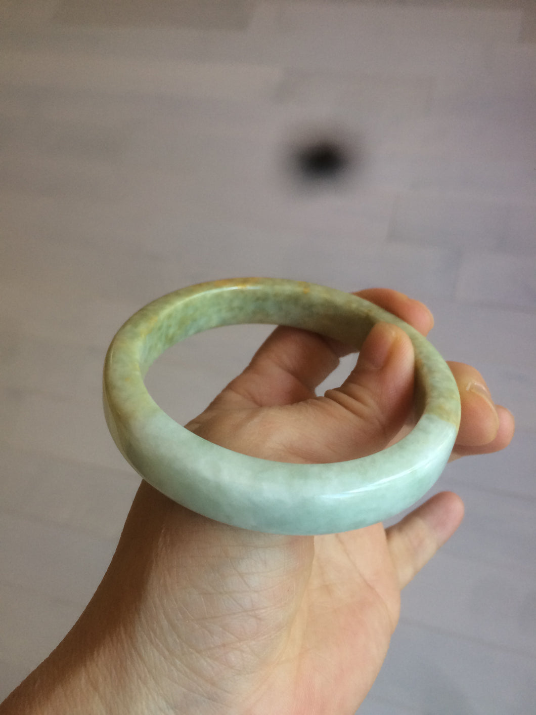 59.5mm certified Type A 100% Natural light green/brown square Jadeite Jade bangle R101-1758