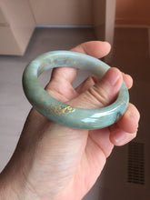 Load image into Gallery viewer, 55mm 100% Natural type A sunny green gray black carved flowers and golden-painted Jadeite Jade bangle PB284
